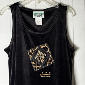 CoConut Bay VTG 80s Black Velour Maxi Tank Dress‎ Safari Leopard Appliqué Small